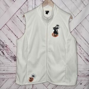 Holiday Editions Halloween Embroidered Black Kitty & Spider Pumpkin Zip Up Vest